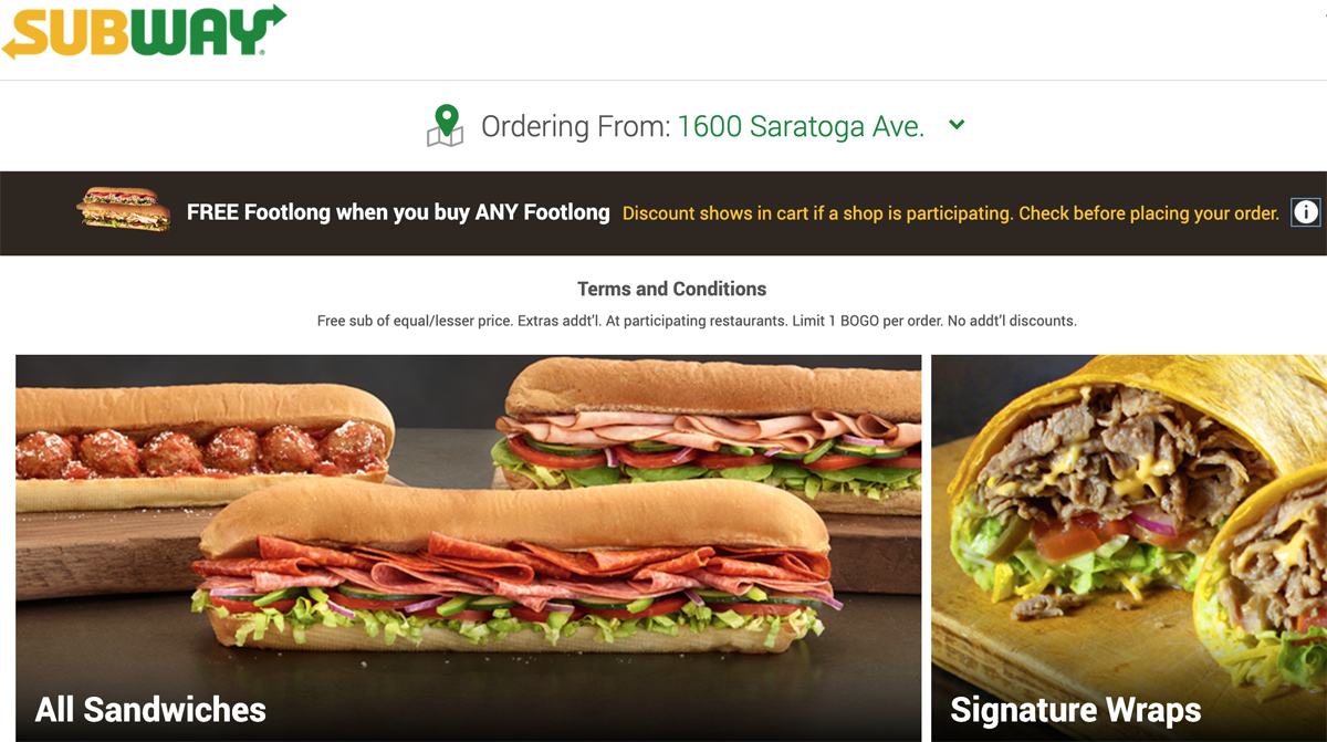 Subway Footlong Sandwich Buy One Get One Free with code FLBOGO
