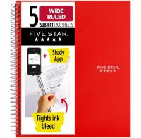 5-Subject Five Star Double-Sided Wide Ruled Spiral Notebook