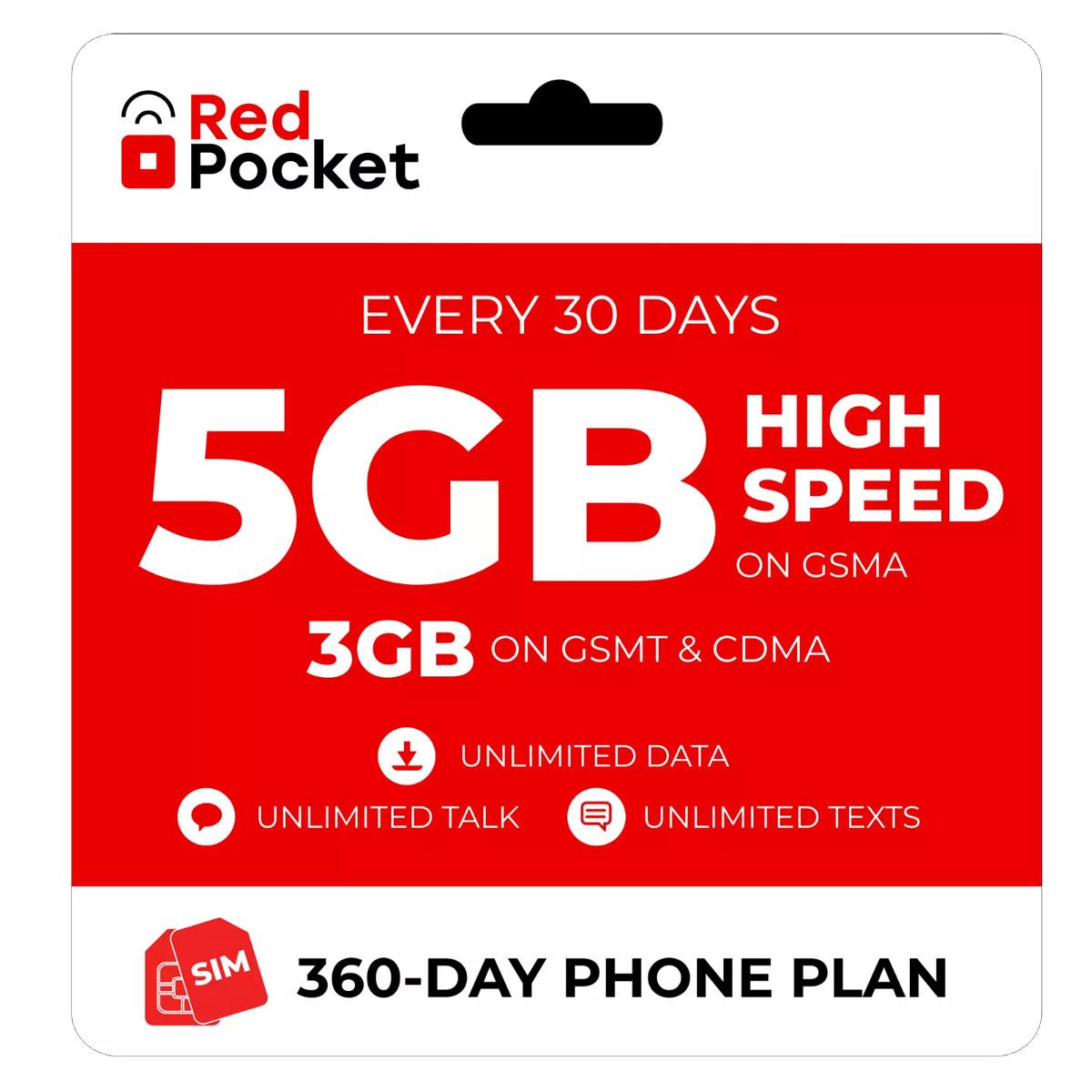 Red Pocket One Year 5GB Cell Phone Wireless Plan $120