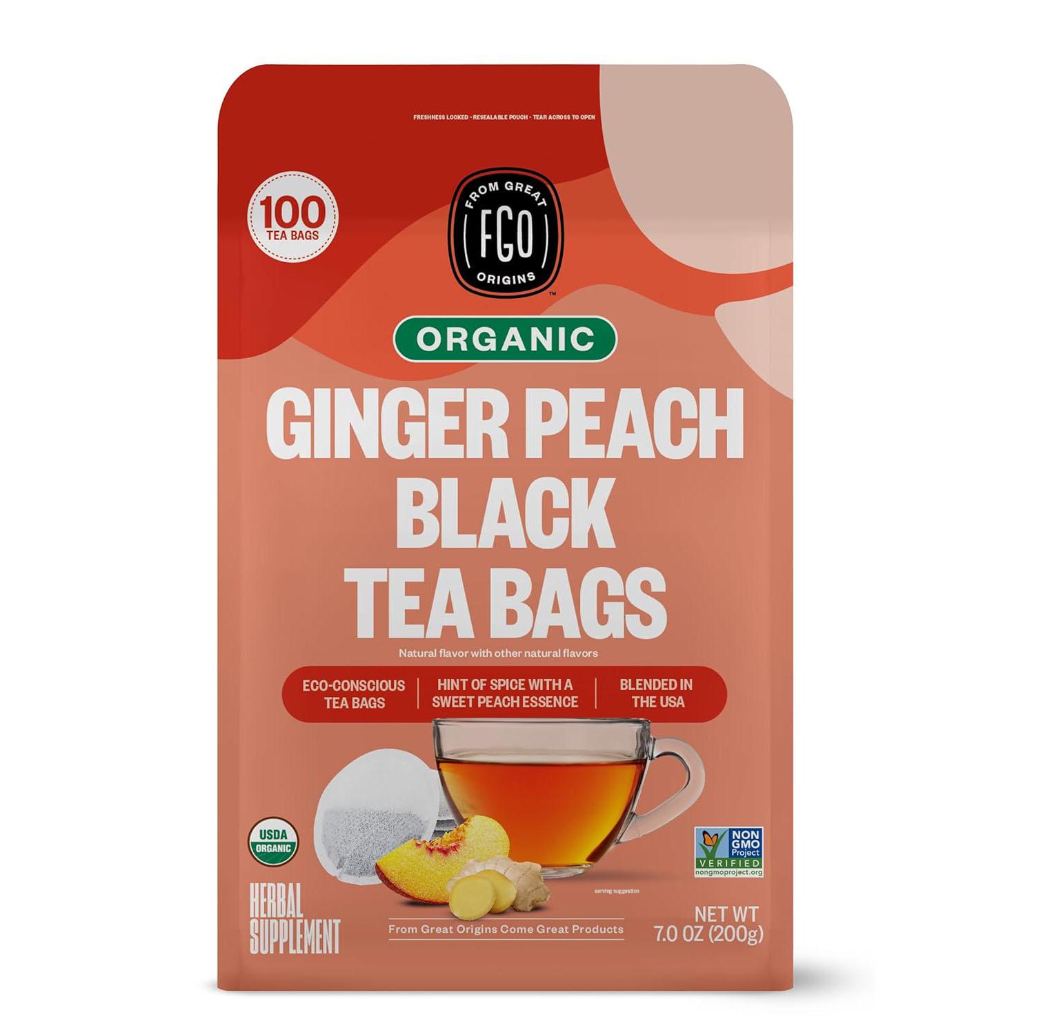 FGO Organic Black Tea Bags Ginger Peach 100 Pack for $2.84