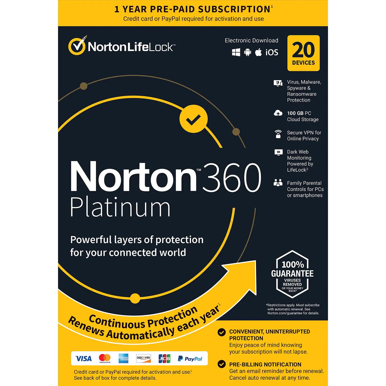 Norton 360 Platinum for 20 Devices Windows Mac Android iOS for $14.99