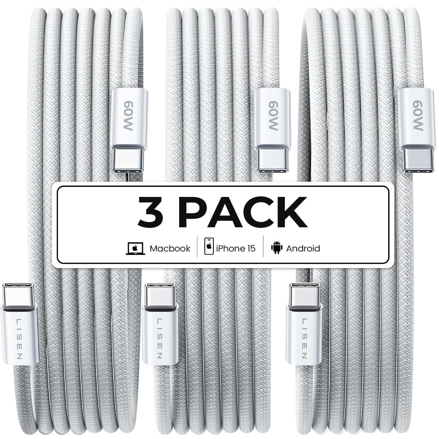 USB-C 60w Cables by Lisen 3 Pack for $3.84