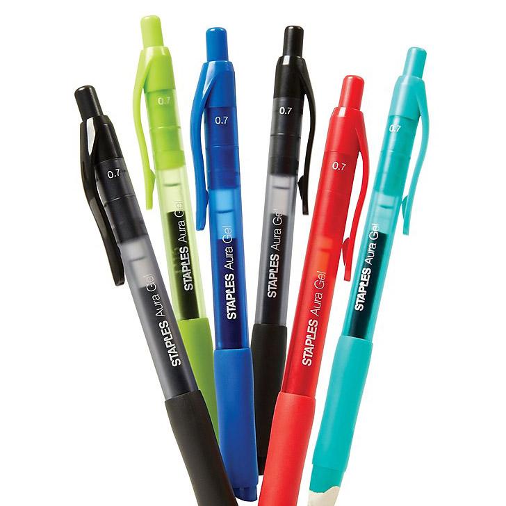 12 Staples Aura Retractable Gel Pens in Assorted Colors for $2.30 Shipped