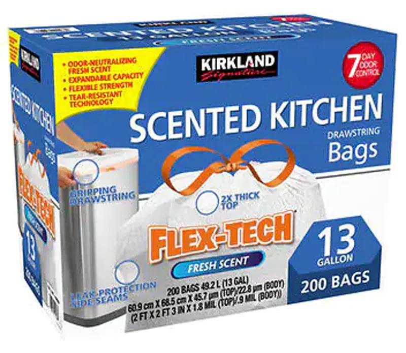 Kirkland Signature 13-Gallon Flex Tech Kitchen Trash Bags 200 Count for $14.99