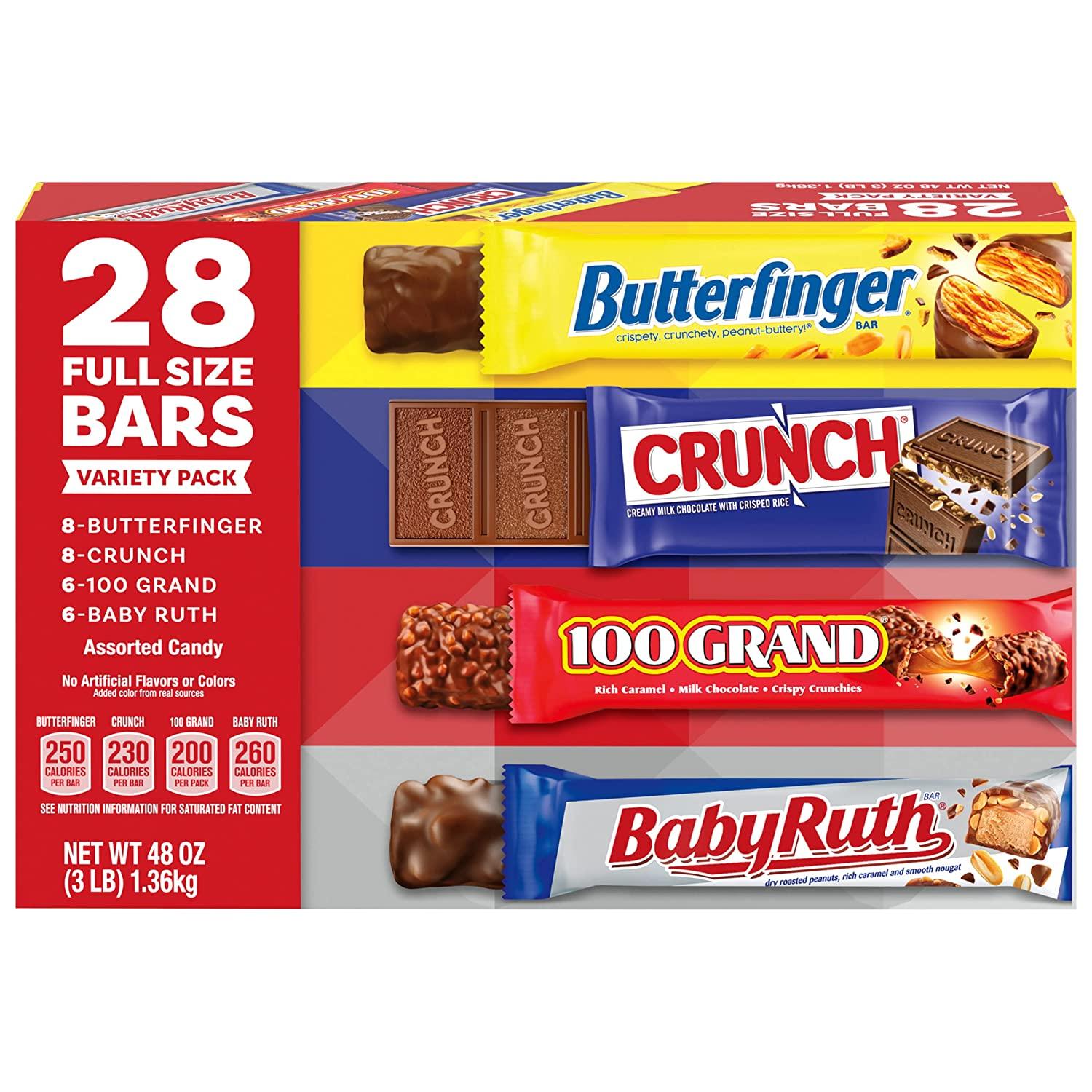 Butterfinger Crunch Baby Ruth 100 Grand Candy Bars 28 Pack for $20.56