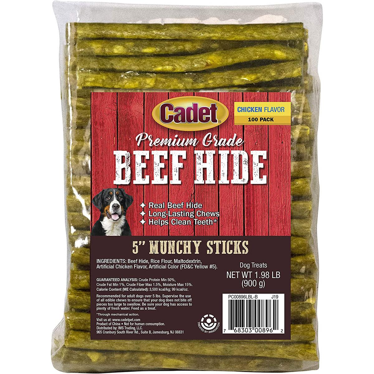 Dog Chew Cadet Munchy Beef Hide Sticks Chicken Flavor 100 Pack for $7.47 Shipped