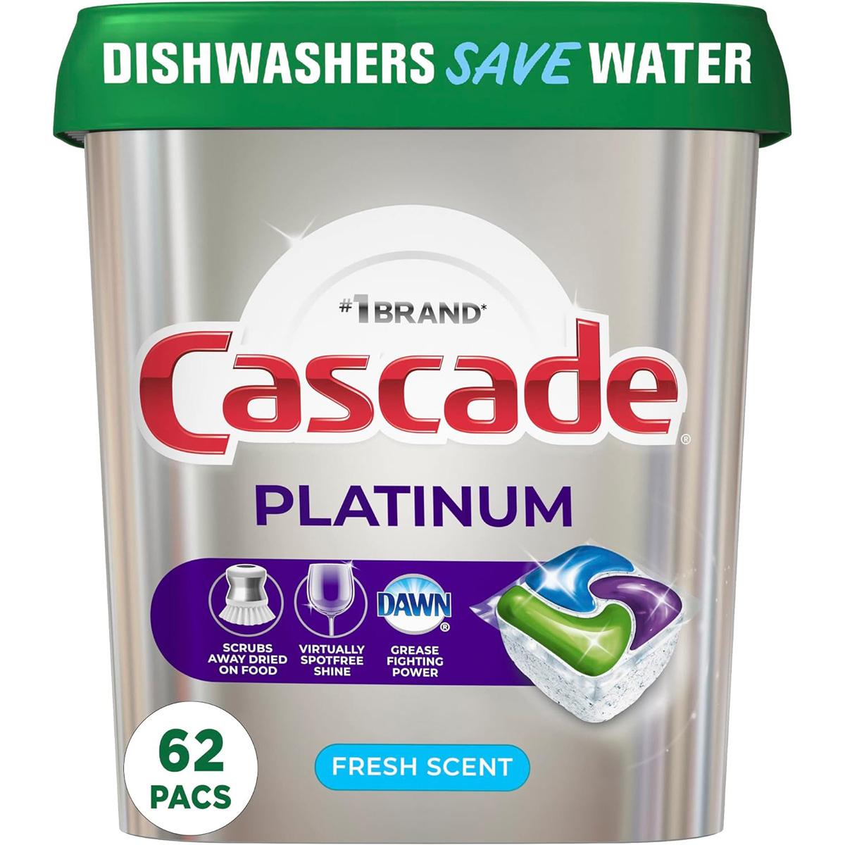 Cascade Platinum ActionPacs Dishwasher Detergent Pods 62 Pack for $10.26 Shipped