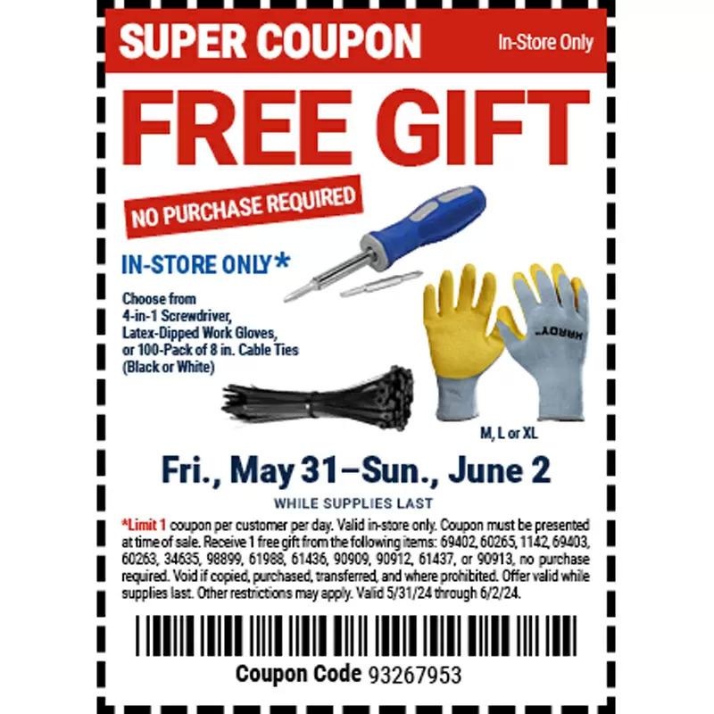 Harbor Freight Free Screwdriver or Gloves or Cable Ties Until June 2nd