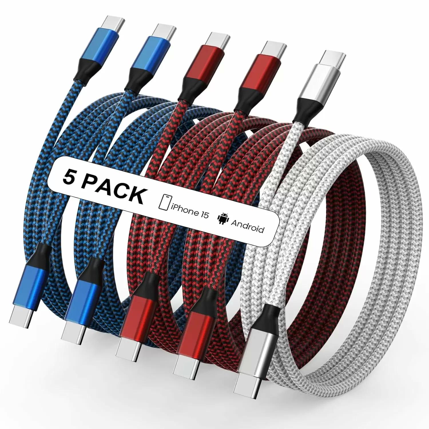 USB-C to USB-C Nylon Braided Charging Cables 5 Pack for $3.99