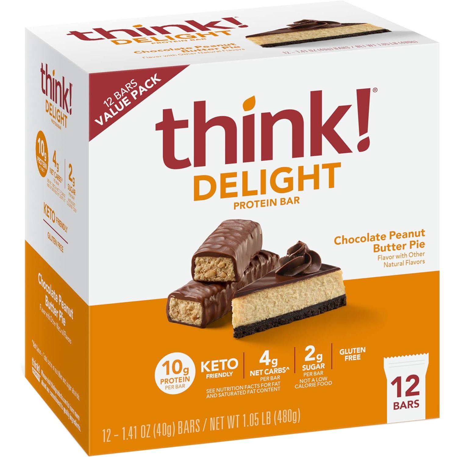 think Delight Keto Protein Bars Chocolate Peanut Butter Pie 12 Pack for $11.95