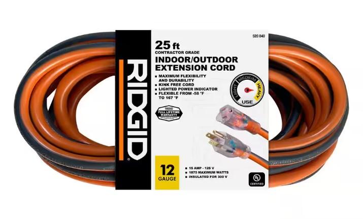 25ft Ridgid Heavy Duty Indoor Outdoor Extension Cord for $24.88