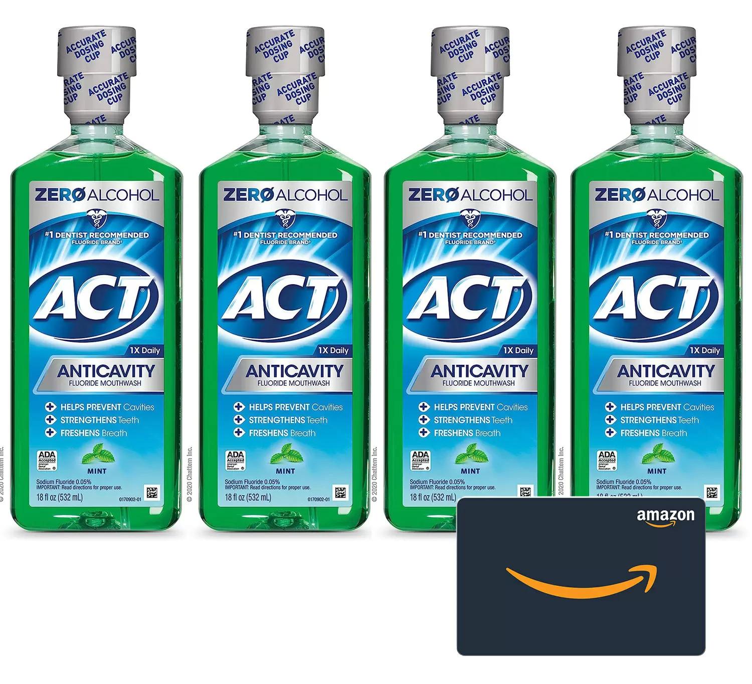 ACT Anticavity Zero Alcohol Fluoride Mouthwash 4 Pack with $5 Credit for $15.56