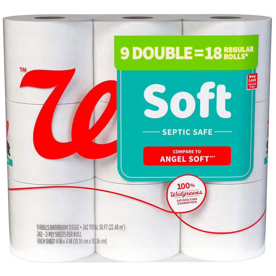 Walgreens Soft Bath Tissue Toilet Paper Double Rolls 9 Pack for $3.15