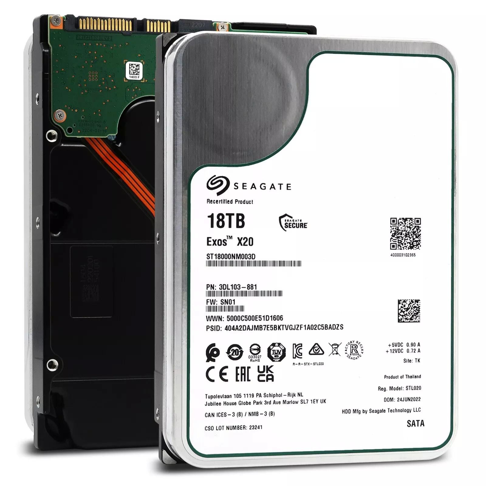 18TB Seagate Exos X20 3.5in 7.2K RPM SATA Hard Drive for $168 Shipped