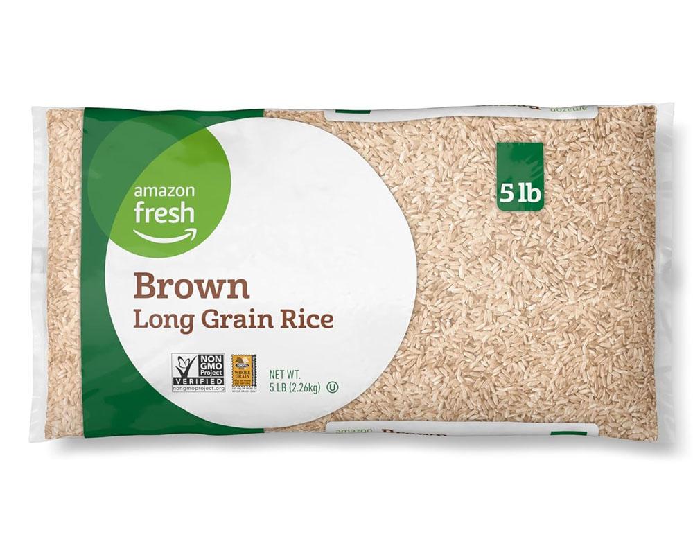 Amazon Fresh Brown Long Grain Rice 5lb for $4.69