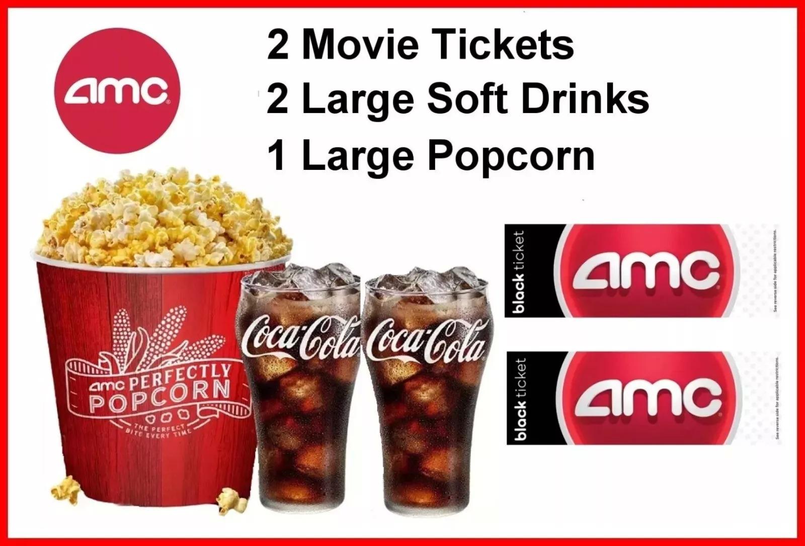 AMC Movie Theater 2 Tickets + 2 Large Drink and Large Popcorn for $25.83